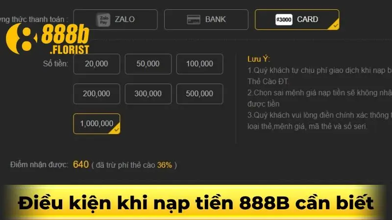 Điều kiện khi nạp tiền 888B cần biết