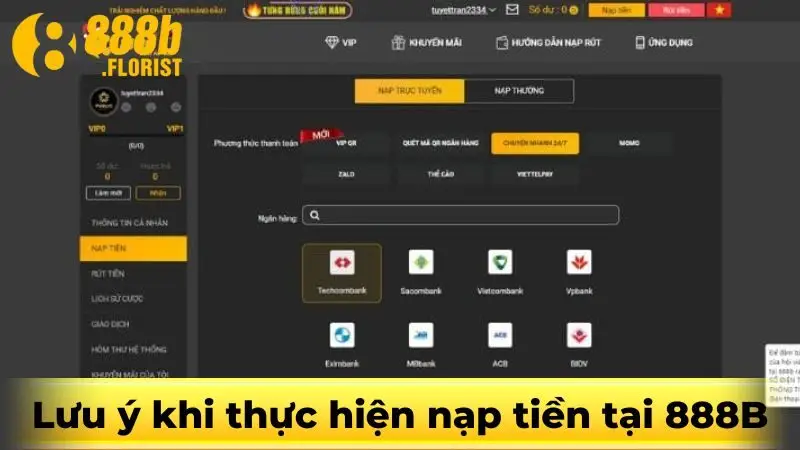 Lưu ý khi thực hiện nạp tiền tại 888B